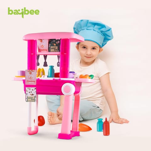 Baybee Pretend Play Kitchen Set for Kids, Little Chef Kids Big Cooking playset with Accessories Pots, Food Toys with Adorable Portable Trolley Light & Sound Birthday Gift for 1+ Years Kid (Pink)