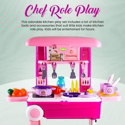 Baybee Pretend Play Kitchen Set for Kids, Little Chef Kids Big Cooking playset with Accessories Pots, Food Toys with Adorable Portable Trolley Light & Sound Birthday Gift for 1+ Years Kid (Pink)