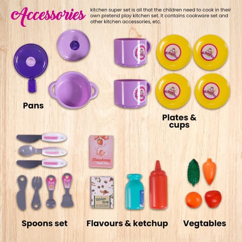 Baybee Pretend Play Kitchen Set for Kids, Little Chef Kids Big Cooking playset with Accessories Pots, Food Toys with Adorable Portable Trolley Light & Sound Birthday Gift for 1+ Years Kid (Pink)