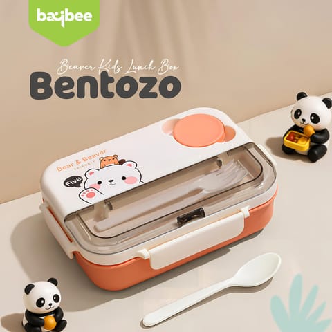Baybee Bentozo Kids Lunch Box 900ml Stainless Steel Lunch Box for School, College & Office | Leak Proof Tiffin Box for kids, Men & Women | Hot Food Container 3 Partition Box with Spoon & Fork (Orange)