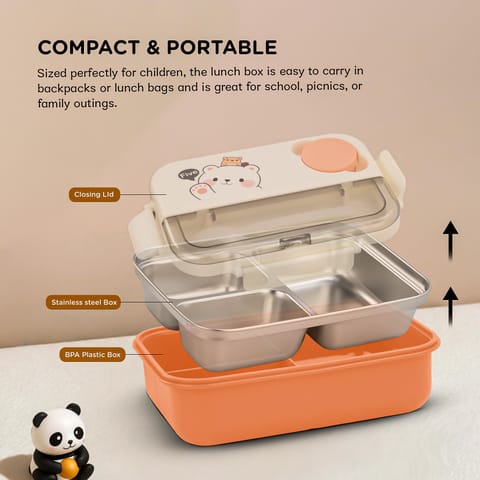 Baybee Bentozo Kids Lunch Box 900ml Stainless Steel Lunch Box for School, College & Office | Leak Proof Tiffin Box for kids, Men & Women | Hot Food Container 3 Partition Box with Spoon & Fork (Orange)