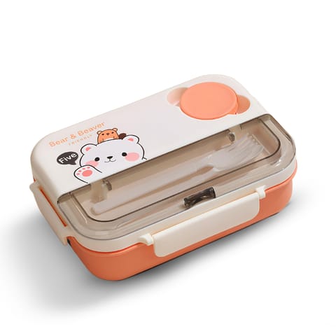 Baybee Bentozo Kids Lunch Box 900ml Stainless Steel Lunch Box for School, College & Office | Leak Proof Tiffin Box for kids, Men & Women | Hot Food Container 3 Partition Box with Spoon & Fork (Orange)