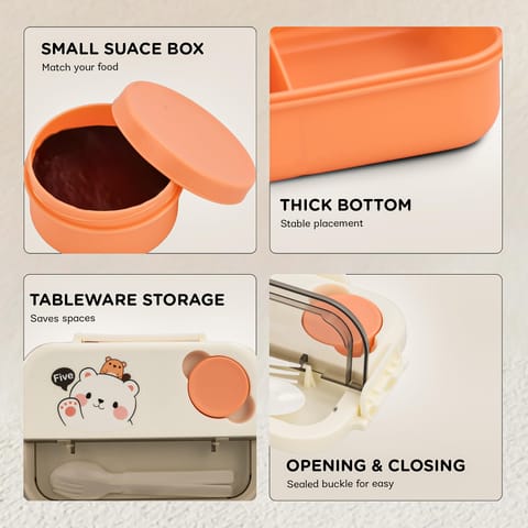 Baybee Bentozo Kids Lunch Box 900ml Stainless Steel Lunch Box for School, College & Office | Leak Proof Tiffin Box for kids, Men & Women | Hot Food Container 3 Partition Box with Spoon & Fork (Orange)