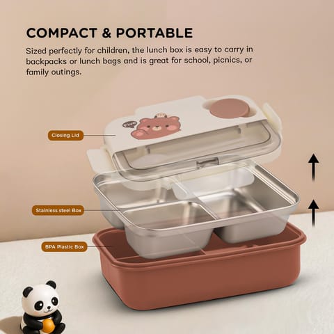 BAYBEE Bentozo Kids Lunch Box 900ml Stainless Steel Lunch Box for School, College & Office | Leak Proof Tiffin Box for Kids, Men & Women | Hot Food Container 3 Partition Box with Spoon & Fork (Brown)
