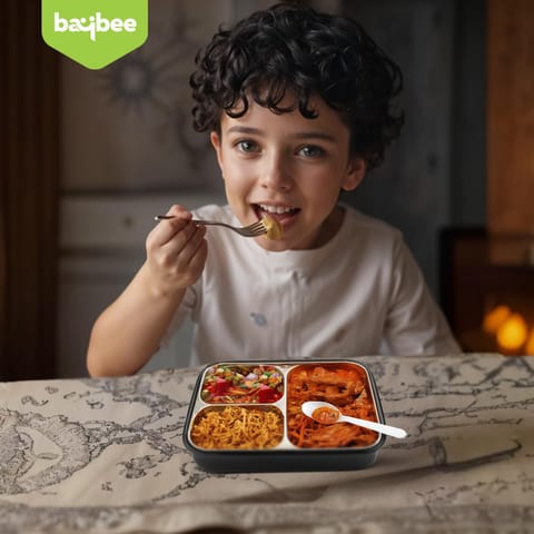 BAYBEE Bentozo Kids Lunch Box 900ml Stainless Steel Lunch Box for School, College & Office | Leak Proof Tiffin Box for Kids, Men & Women | Hot Food Container 3 Partition Box with Spoon & Fork (Black)