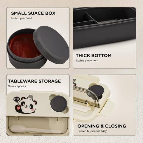 BAYBEE Bentozo Kids Lunch Box 900ml Stainless Steel Lunch Box for School, College & Office | Leak Proof Tiffin Box for Kids, Men & Women | Hot Food Container 3 Partition Box with Spoon & Fork (Black)