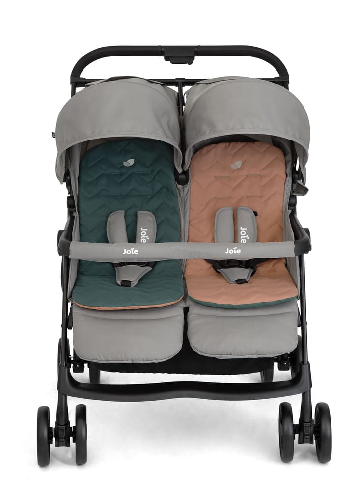 Joie Aire Twin Lightweight Double Stroller, Suitable from Birth to 15 kg, Independent Forward Facing Seats, SoftTouch 5-Point Harness, Lie-Flat Recline, UPF 50+ Canopies, All-Wheel Suspension, Reversible Seat Liners, Quick One-Handed Fold