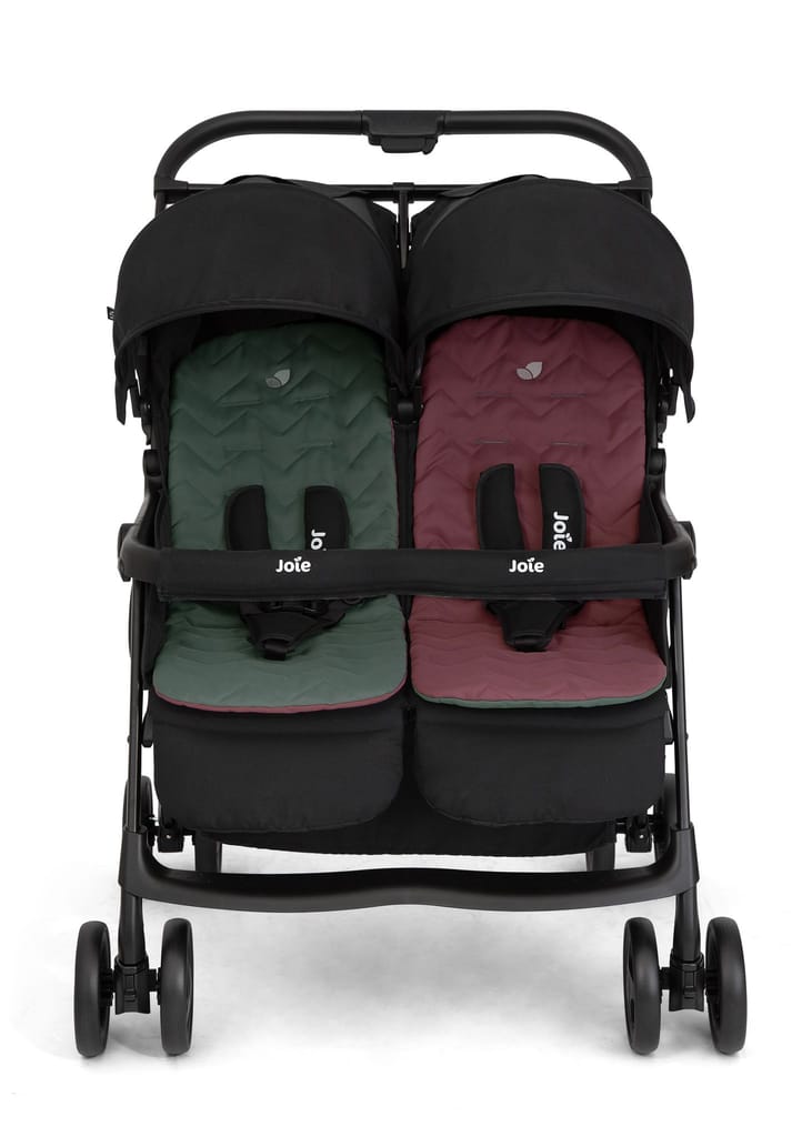 Joie Aire Twin Lightweight Double Stroller, Suitable from Birth to 15 kg, Independent Forward Facing Seats, SoftTouch 5-Point Harness, Lie-Flat Recline, UPF 50+ Canopies, All-Wheel Suspension, Reversible Seat Liners, Quick One-Handed Fold