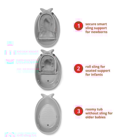 Skip Hop Bath Tub - Moby Smart Sling 3-Stage Tub, PVC-Free, Phthalate-Free, Non Slip Bath Tub for New Born with Drain Plug (Birth to 11Kg, Grey Color), 1 Count (Pack of 1) (235060)