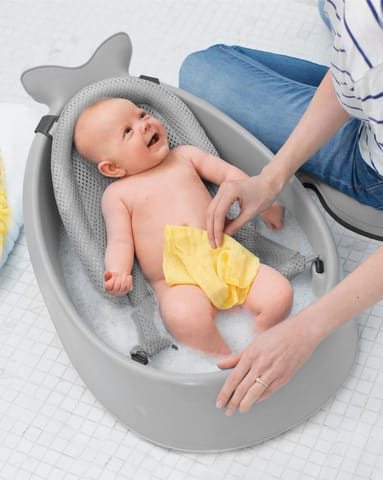 Skip Hop Bath Tub - Moby Smart Sling 3-Stage Tub, PVC-Free, Phthalate-Free, Non Slip Bath Tub for New Born with Drain Plug (Birth to 11Kg, Grey Color), 1 Count (Pack of 1) (235060)