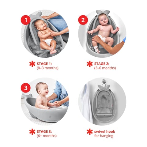 Skip Hop Bath Tub - Moby Smart Sling 3-Stage Tub, PVC-Free, Phthalate-Free, Non Slip Bath Tub for New Born with Drain Plug (Birth to 11Kg, Grey Color), 1 Count (Pack of 1) (235060)