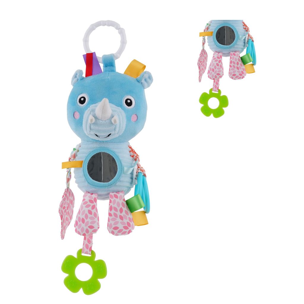 Nuluv Activity Rhino Baby Toy, Plush Sensory Stroller Toy with Teether, Crinkle Leaf & Mirror, Infant Development, Soft & Safe for Teething, 3+ Months
