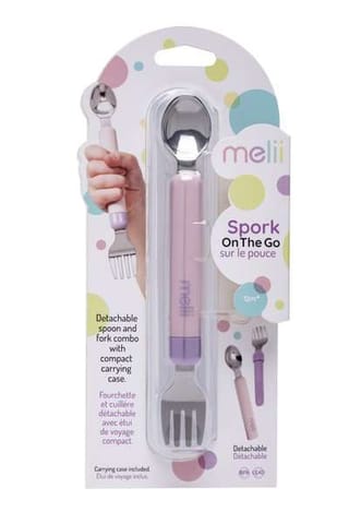 Melii Spork On The Go - Travel Utensils for Babies and Toddlers - Detachable Fork and Spoon with Carrying Case - Pink & Purple