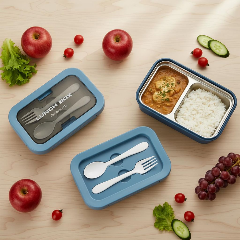BAYBEE Kids Lunch Box 800ml | Leak-Proof & Microwave Safe 4-Side Lock BPA-Free Tiffin Box | Detachable Stainless Steel Plate, Spoon & Fork Included | Durable Lunch Box for School & Office (Blue)