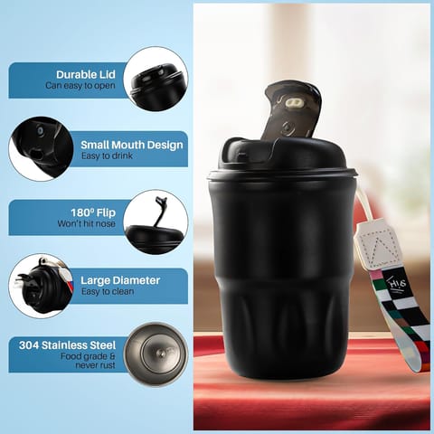 BAYBEE Sippy Cup with Lid & Straw for Kids | Spill Proof Stainless Steel Sipper Tumbler with Anti-Slip Silicone Grip � 420ml Insulated Coffee Mug | BPA-Free Hot & Cold Drinking Sippy Cup (Black)