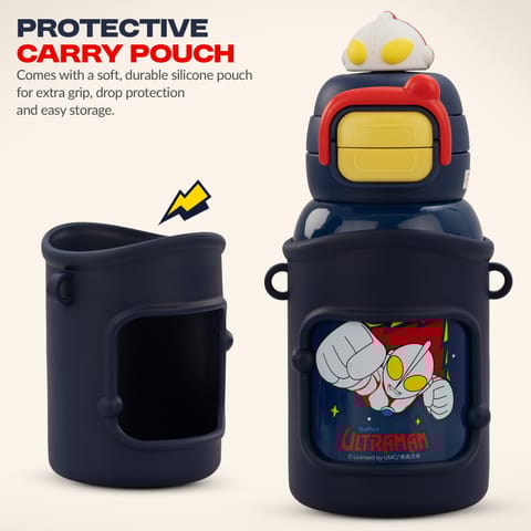 Baybee 2 in 1 Ultraman Baby Sipper Water Bottle with Straw for Kids | BPA- Free 500ml Stainless Steel Sipper Water Bottle with Carry Pouch & Adjustable Strap | Leak Proof Drinking Sippy Bottle for Babies & Toddlers (Blue)