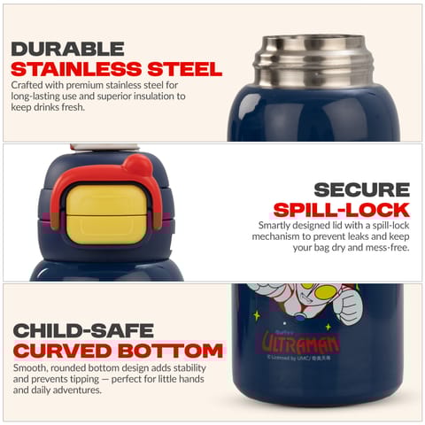 Baybee 2 in 1 Ultraman Baby Sipper Water Bottle with Straw for Kids | BPA- Free 500ml Stainless Steel Sipper Water Bottle with Carry Pouch & Adjustable Strap | Leak Proof Drinking Sippy Bottle for Babies & Toddlers (Blue)