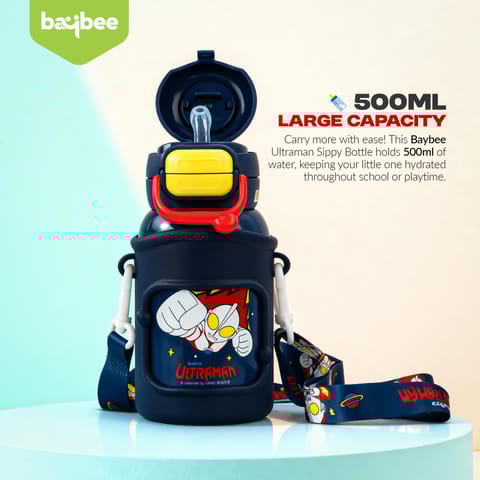 Baybee 2 in 1 Ultraman Baby Sipper Water Bottle with Straw for Kids | BPA- Free 500ml Stainless Steel Sipper Water Bottle with Carry Pouch & Adjustable Strap | Leak Proof Drinking Sippy Bottle for Babies & Toddlers (Blue)