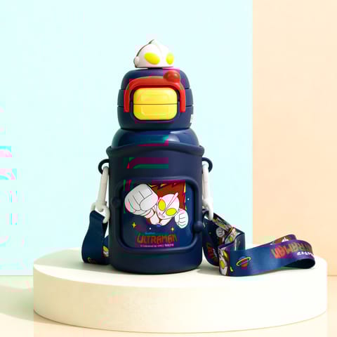 Baybee 2 in 1 Ultraman Baby Sipper Water Bottle with Straw for Kids | BPA- Free 500ml Stainless Steel Sipper Water Bottle with Carry Pouch & Adjustable Strap | Leak Proof Drinking Sippy Bottle for Babies & Toddlers (Blue)