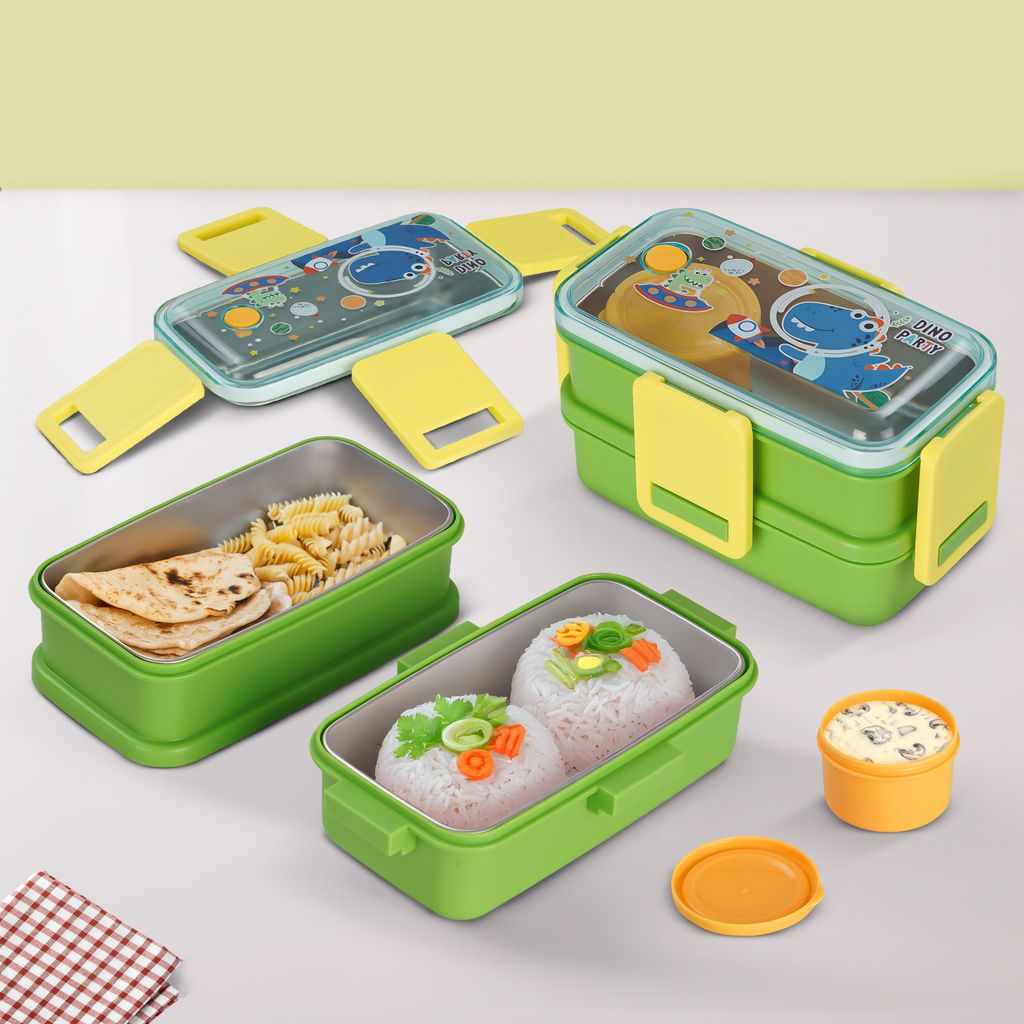 Baybee Premium Stainless Steel Lunch Box for Kids & Adults | BPA-Free Stackable Lunchbox with 2 Box (500ml+500ml) & 80ml Sauce Container, Leak Proof 4-Side Lock | Hot Microwave Safe Tiffin Box (Green)