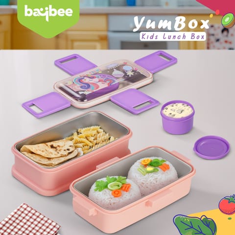 BAYBEE Premium Stainless Steel Lunch Box for Kids & Adults | BPA-Free Stackable Lunchbox with 2 Box (500ml+500ml) & 80ml Sauce Container, Leak Proof 4-Side Lock | Hot Microwave Safe Tiffin Box (Pink)