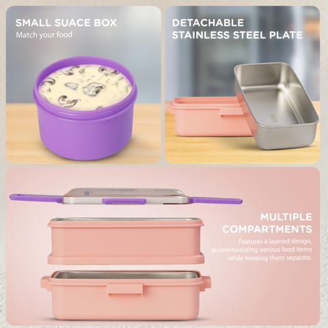 BAYBEE Premium Stainless Steel Lunch Box for Kids & Adults | BPA-Free Stackable Lunchbox with 2 Box (500ml+500ml) & 80ml Sauce Container, Leak Proof 4-Side Lock | Hot Microwave Safe Tiffin Box (Pink)