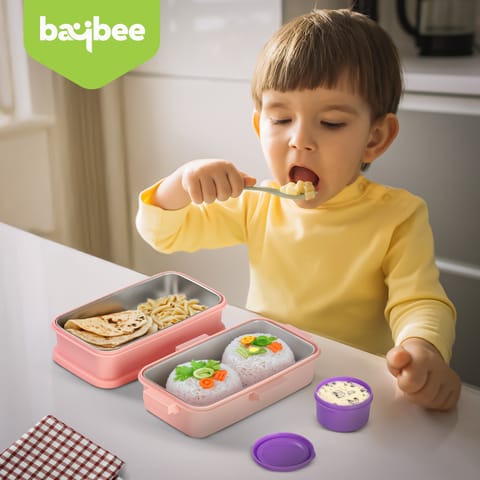 BAYBEE Premium Stainless Steel Lunch Box for Kids & Adults | BPA-Free Stackable Lunchbox with 2 Box (500ml+500ml) & 80ml Sauce Container, Leak Proof 4-Side Lock | Hot Microwave Safe Tiffin Box (Pink)