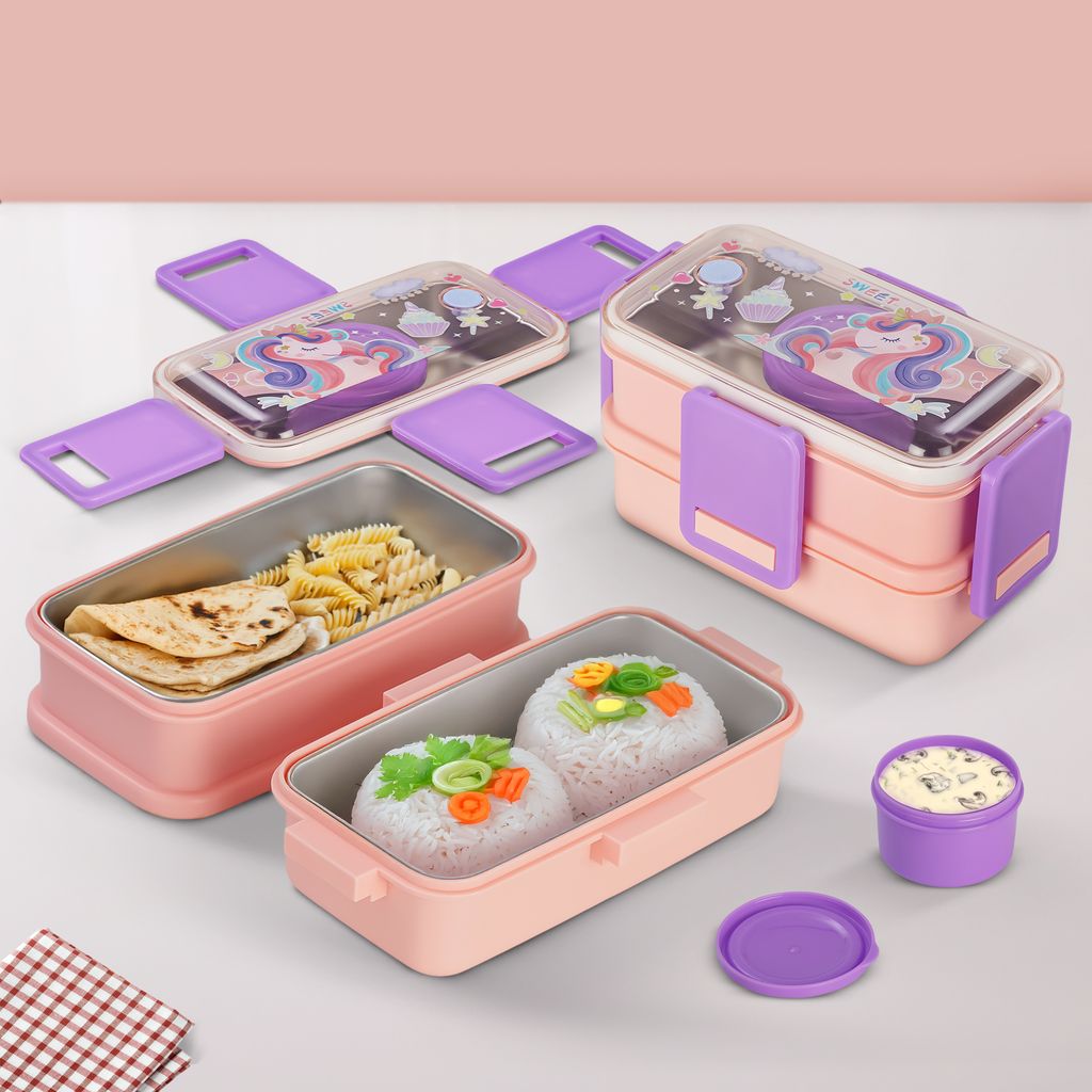 BAYBEE Premium Stainless Steel Lunch Box for Kids & Adults | BPA-Free Stackable Lunchbox with 2 Box (500ml+500ml) & 80ml Sauce Container, Leak Proof 4-Side Lock | Hot Microwave Safe Tiffin Box (Pink)