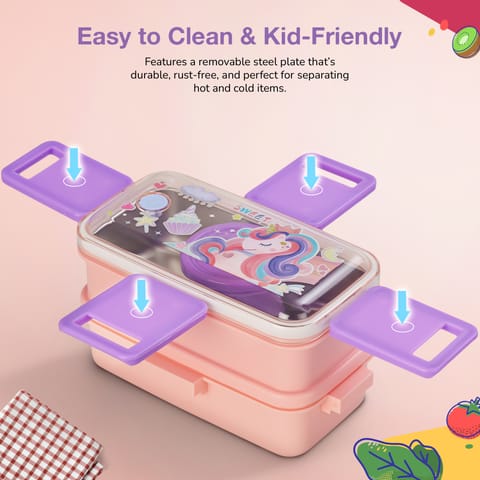 BAYBEE Premium Stainless Steel Lunch Box for Kids & Adults | BPA-Free Stackable Lunchbox with 2 Box (500ml+500ml) & 80ml Sauce Container, Leak Proof 4-Side Lock | Hot Microwave Safe Tiffin Box (Pink)