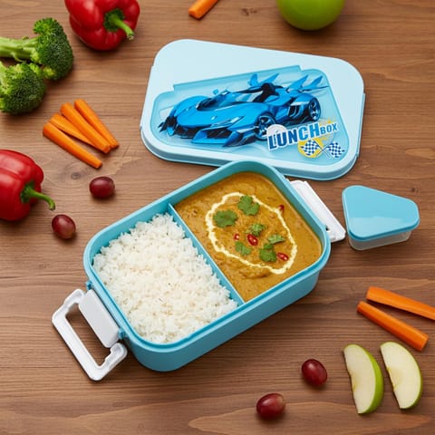 BAYBEE Zigzo Kids Lunch Box 900ml with Spoon & Fork | BPA -Free, Food Grade Bento Box with Lock Lid, Removable Inner Container | Freezer & Dishwasher Safe Tiffin Box for School Boys Girls (Blue)