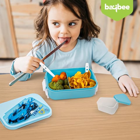 BAYBEE Zigzo Kids Lunch Box 900ml with Spoon & Fork | BPA -Free, Food Grade Bento Box with Lock Lid, Removable Inner Container | Freezer & Dishwasher Safe Tiffin Box for School Boys Girls (Blue)