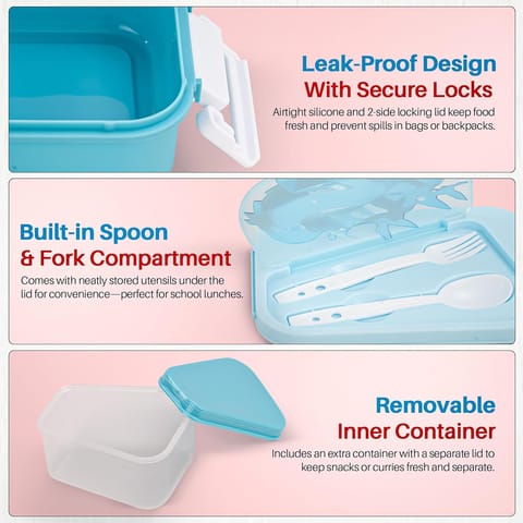BAYBEE Zigzo Kids Lunch Box 900ml with Spoon & Fork | BPA -Free, Food Grade Bento Box with Lock Lid, Removable Inner Container | Freezer & Dishwasher Safe Tiffin Box for School Boys Girls (Blue)