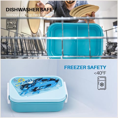 BAYBEE Zigzo Kids Lunch Box 900ml with Spoon & Fork | BPA -Free, Food Grade Bento Box with Lock Lid, Removable Inner Container | Freezer & Dishwasher Safe Tiffin Box for School Boys Girls (Blue)