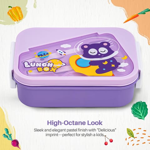 BAYBEE Zigzo Kids Lunch Box 900ml with Spoon & Fork | BPA -Free, Food Grade Bento Box with Lock Lid, Removable Inner Container | Freezer & Dishwasher Safe Tiffin Box for School Boys Girls (Purple)