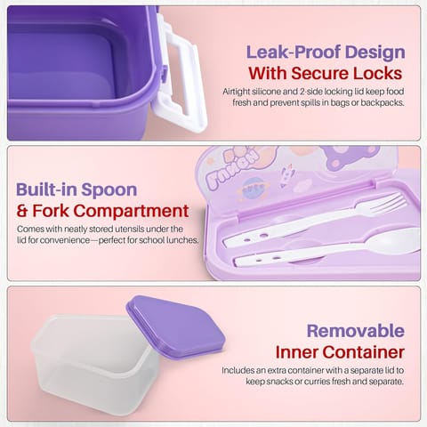 BAYBEE Zigzo Kids Lunch Box 900ml with Spoon & Fork | BPA -Free, Food Grade Bento Box with Lock Lid, Removable Inner Container | Freezer & Dishwasher Safe Tiffin Box for School Boys Girls (Purple)