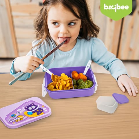 BAYBEE Zigzo Kids Lunch Box 900ml with Spoon & Fork | BPA -Free, Food Grade Bento Box with Lock Lid, Removable Inner Container | Freezer & Dishwasher Safe Tiffin Box for School Boys Girls (Purple)