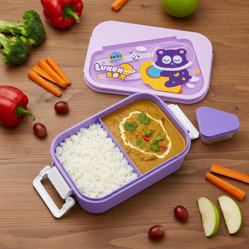 BAYBEE Zigzo Kids Lunch Box 900ml with Spoon & Fork | BPA -Free, Food Grade Bento Box with Lock Lid, Removable Inner Container | Freezer & Dishwasher Safe Tiffin Box for School Boys Girls (Purple)