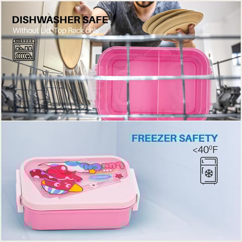BAYBEE Zigzo Kids Lunch Box 900ml with Spoon & Fork | BPA -Free, Food Grade Bento Box with Lock Lid, Removable Inner Container | Freezer & Dishwasher Safe Tiffin Box for School Boys Girls (Pink)