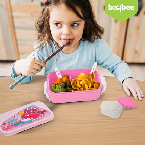 BAYBEE Zigzo Kids Lunch Box 900ml with Spoon & Fork | BPA -Free, Food Grade Bento Box with Lock Lid, Removable Inner Container | Freezer & Dishwasher Safe Tiffin Box for School Boys Girls (Pink)