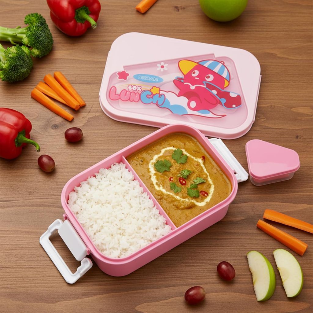 BAYBEE Zigzo Kids Lunch Box 900ml with Spoon & Fork | BPA -Free, Food Grade Bento Box with Lock Lid, Removable Inner Container | Freezer & Dishwasher Safe Tiffin Box for School Boys Girls (Pink)
