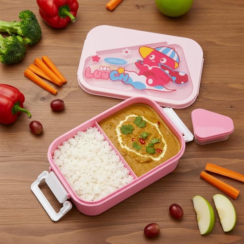 BAYBEE Zigzo Kids Lunch Box 900ml with Spoon & Fork | BPA -Free, Food Grade Bento Box with Lock Lid, Removable Inner Container | Freezer & Dishwasher Safe Tiffin Box for School Boys Girls (Pink)