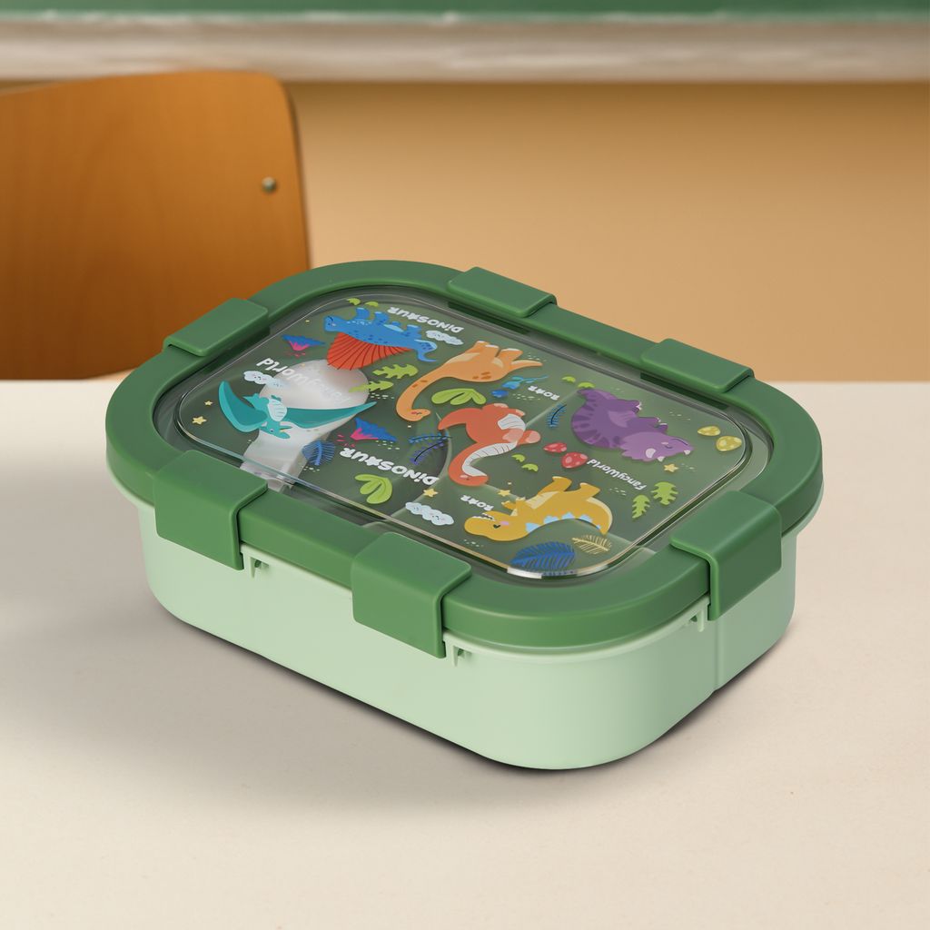 BAYBEE Dinosaur Kids Lunch Box with 4 Compartments & Sauce Container | BPA-Free Airtight Bento Box 1000ml + 250ml with 6-Side Locking System | Hot Food Tiffin Box for School Kids Boys, Girls (Green)