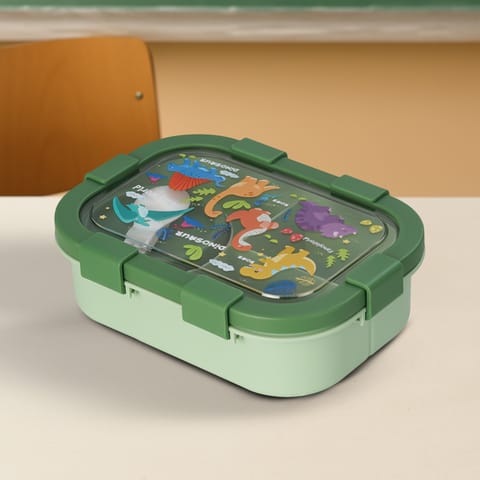 BAYBEE Dinosaur Kids Lunch Box with 4 Compartments & Sauce Container | BPA-Free Airtight Bento Box 1000ml + 250ml with 6-Side Locking System | Hot Food Tiffin Box for School Kids Boys, Girls (Green)