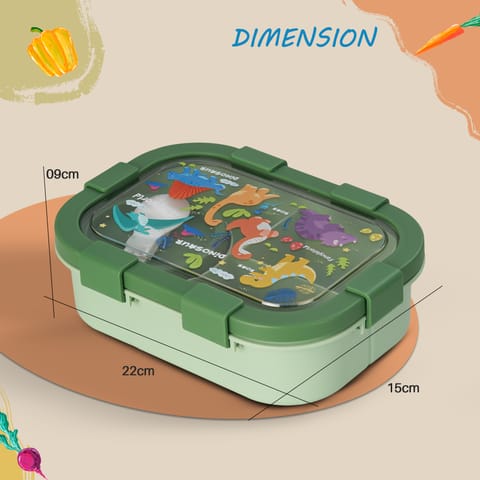 BAYBEE Dinosaur Kids Lunch Box with 4 Compartments & Sauce Container | BPA-Free Airtight Bento Box 1000ml + 250ml with 6-Side Locking System | Hot Food Tiffin Box for School Kids Boys, Girls (Green)