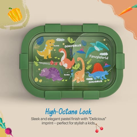 BAYBEE Dinosaur Kids Lunch Box with 4 Compartments & Sauce Container | BPA-Free Airtight Bento Box 1000ml + 250ml with 6-Side Locking System | Hot Food Tiffin Box for School Kids Boys, Girls (Green)