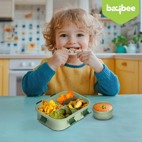 BAYBEE Dinosaur Kids Lunch Box with 4 Compartments & Sauce Container | BPA-Free Airtight Bento Box 1000ml + 250ml with 6-Side Locking System | Hot Food Tiffin Box for School Kids Boys, Girls (Green)