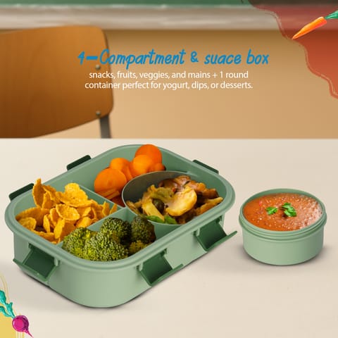 BAYBEE Dinosaur Kids Lunch Box with 4 Compartments & Sauce Container | BPA-Free Airtight Bento Box 1000ml + 250ml with 6-Side Locking System | Hot Food Tiffin Box for School Kids Boys, Girls (Green)