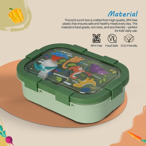 BAYBEE Dinosaur Kids Lunch Box with 4 Compartments & Sauce Container | BPA-Free Airtight Bento Box 1000ml + 250ml with 6-Side Locking System | Hot Food Tiffin Box for School Kids Boys, Girls (Green)