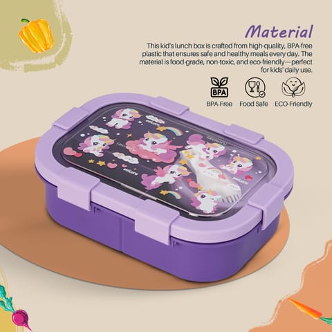 BAYBEE Unicorn Kids Lunch Box with 4 Compartments & Sauce Container | BPA-Free Airtight Bento Box 1000ml + 250ml with 6-Side Locking System | Hot Food Tiffin Box for School Kids Boys, Girls (Purple)