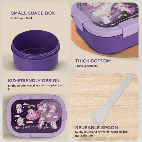BAYBEE Unicorn Kids Lunch Box with 4 Compartments & Sauce Container | BPA-Free Airtight Bento Box 1000ml + 250ml with 6-Side Locking System | Hot Food Tiffin Box for School Kids Boys, Girls (Purple)